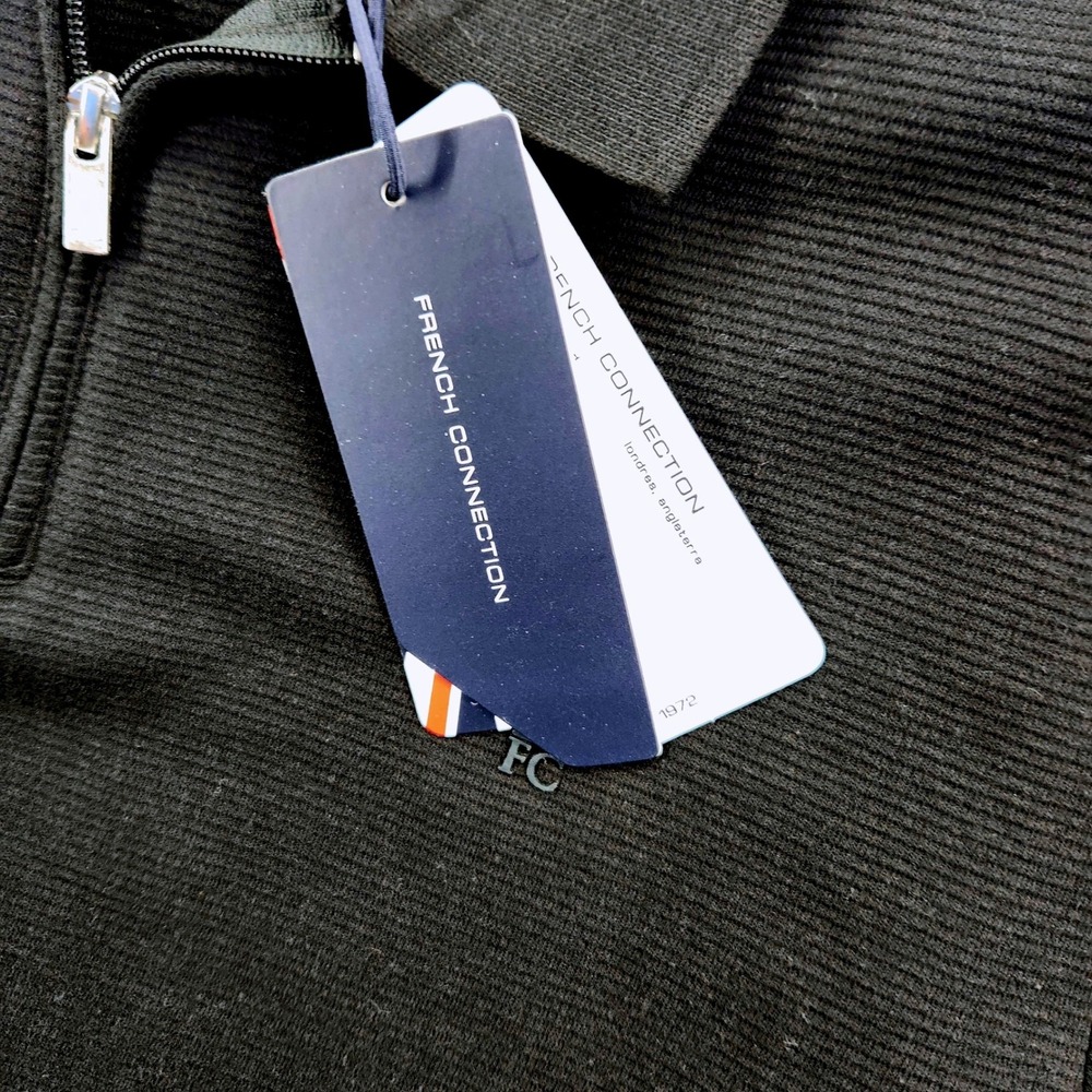 French Connection Mens M Quarter Zip Polo‎ Shirt Black Ribbed Cotton 56ZMN - Picture 3 of 8